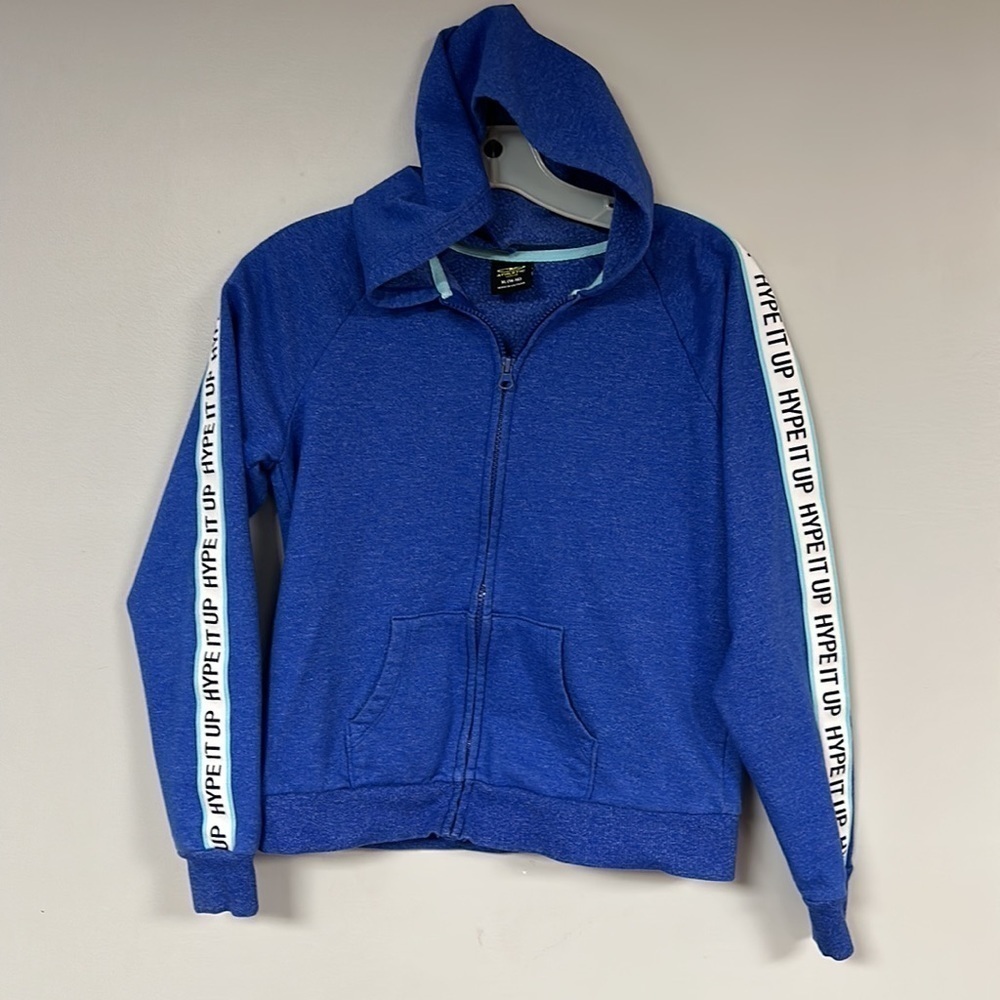 Athletic Works Girls blue zip up hoodie size XL (14/16), HYPE IT UP stripes